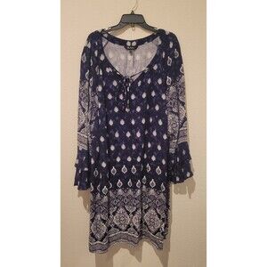 Ulla Popken Womens Plus Size Midi Dress 32 34 Geometric Blue Ruffle Sleeves Boho